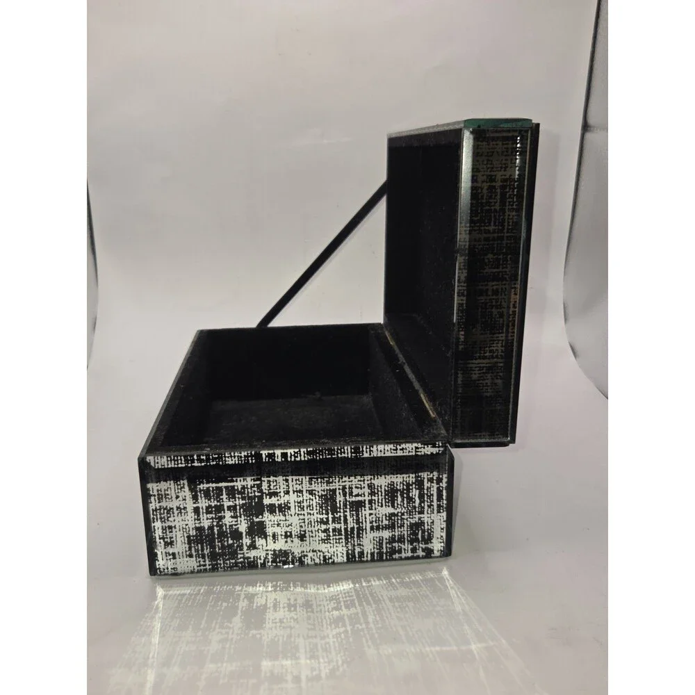Vintage Glam Speckled Glass Trinket Box Beveled Panels Jewelry Box Silver Black